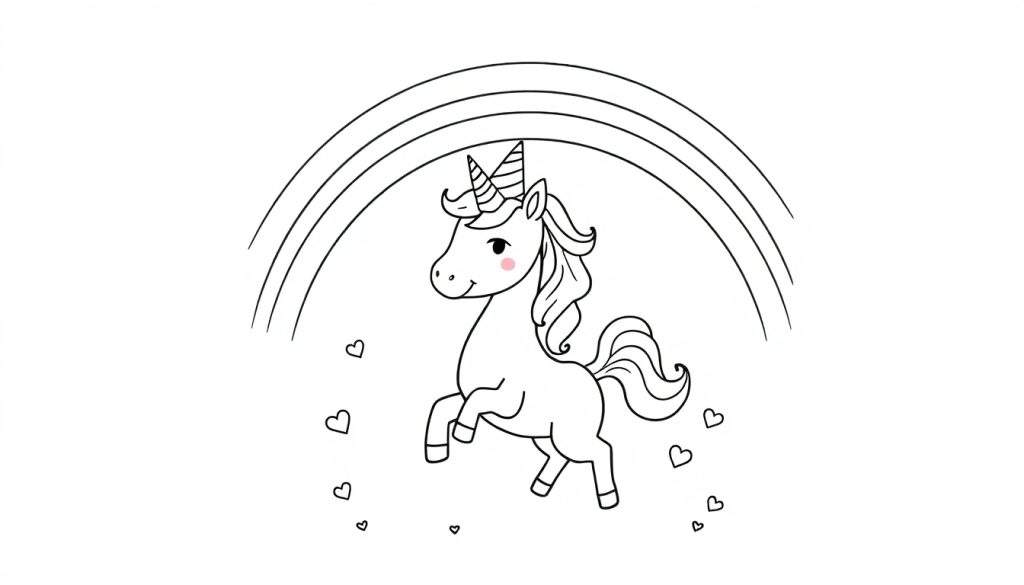 Zwart-witte kleurplaat van een schattige eenhoorn met een regenboog en hartjes.