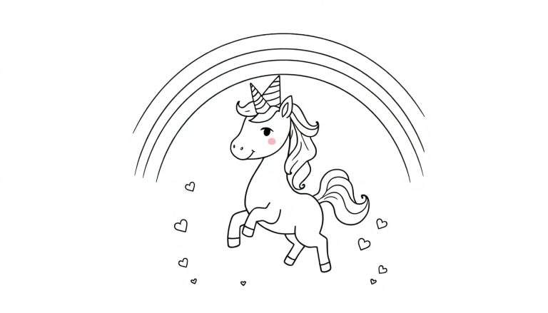 Zwart-witte kleurplaat van een schattige eenhoorn met een regenboog en hartjes.