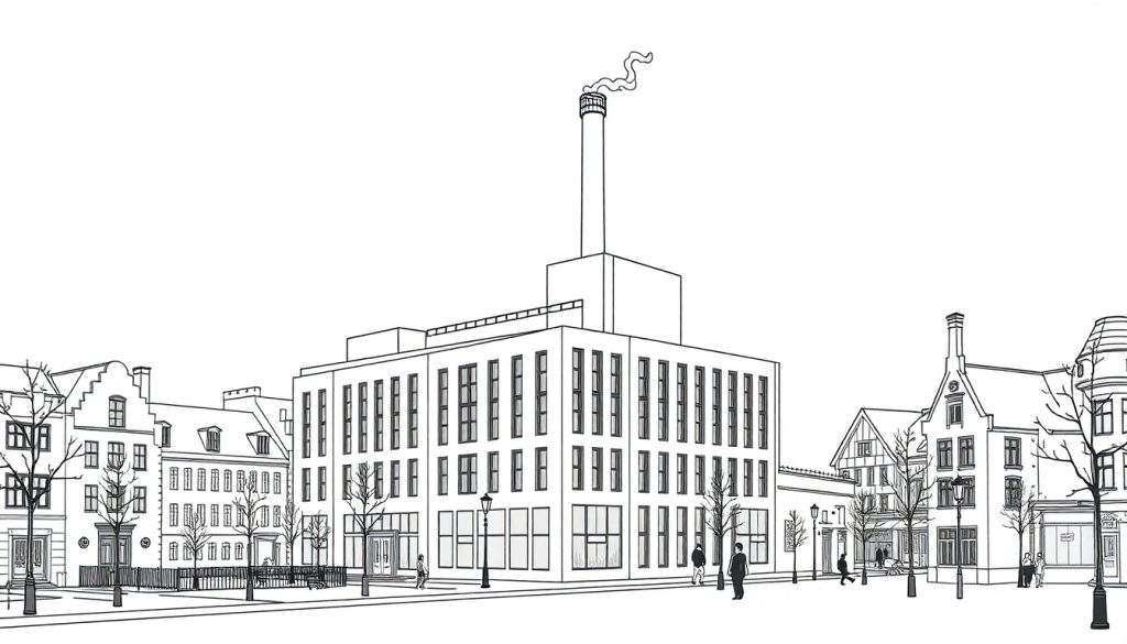 Een zwart-wit kleurplaat van een stadsgezicht met een moderne textielfabriek.