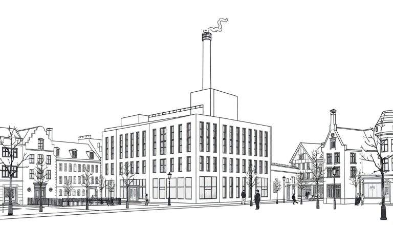 Een zwart-wit kleurplaat van een stadsgezicht met een moderne textielfabriek.