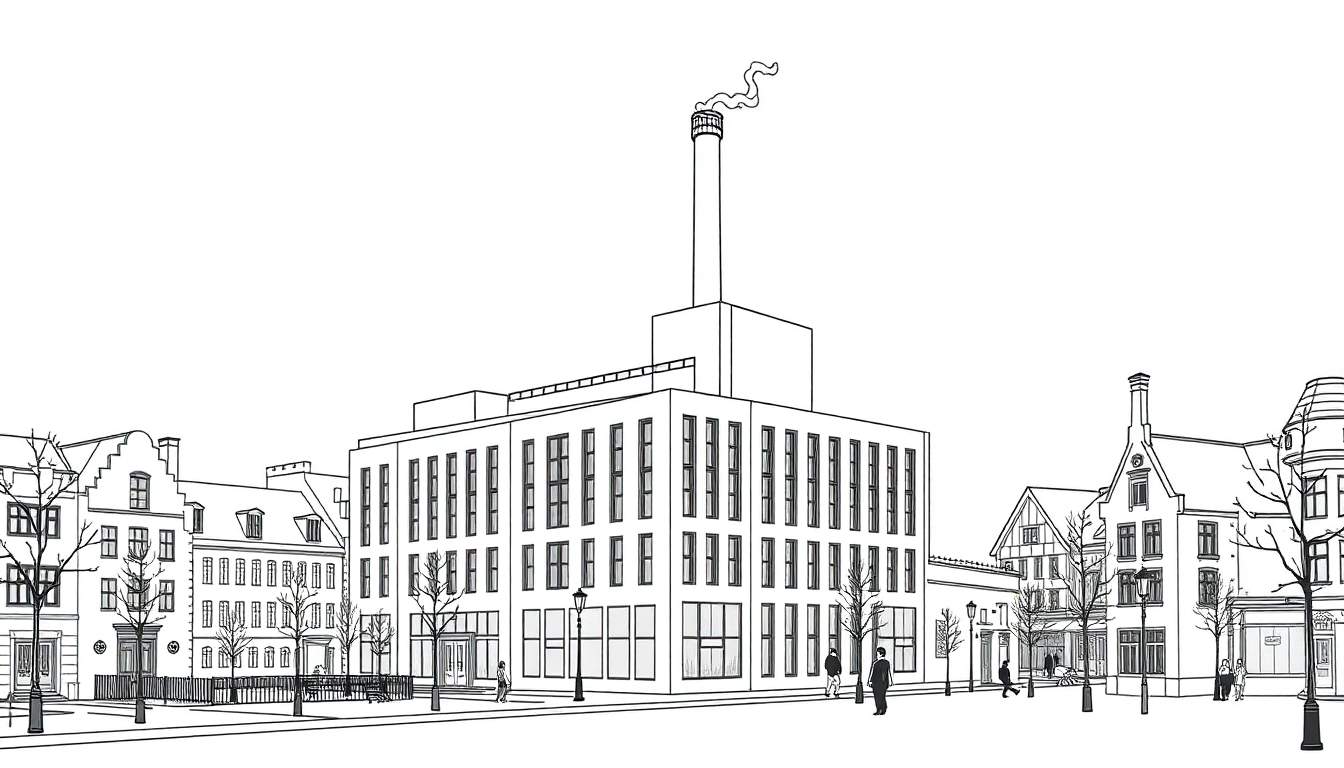 Een zwart-wit kleurplaat van een stadsgezicht met een moderne textielfabriek.