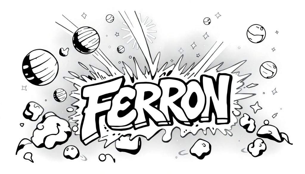 Graffiti tekening van het woord FERRON in een explosie in het heelal, zwart-wit kleurplaat.