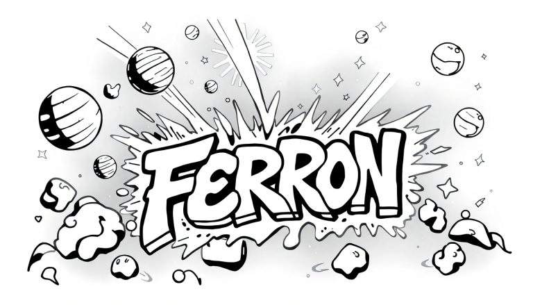 Graffiti tekening van het woord FERRON in een explosie in het heelal, zwart-wit kleurplaat.