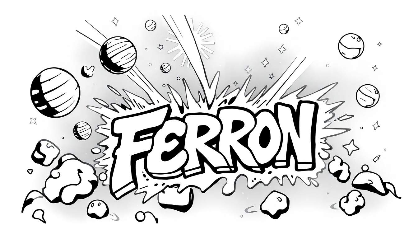 Graffiti tekening van het woord FERRON in een explosie in het heelal, zwart-wit kleurplaat.