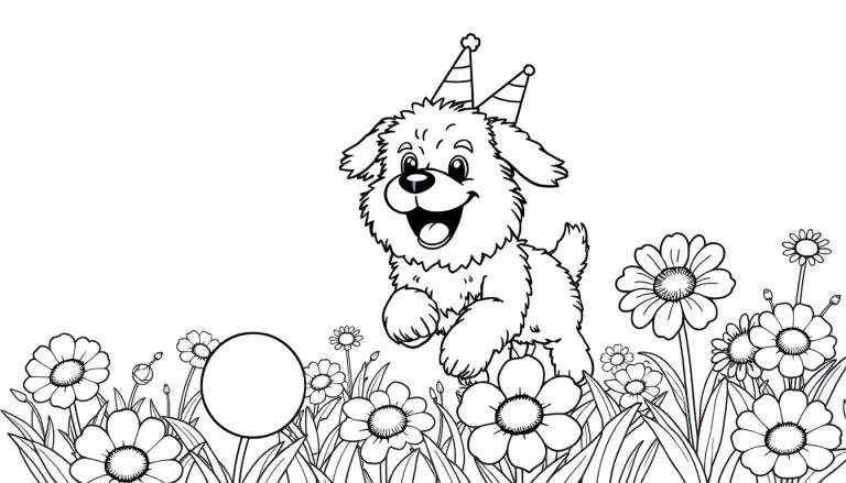 Vrolijke hondje kleurplaat met feestmutsen in bloemenveld