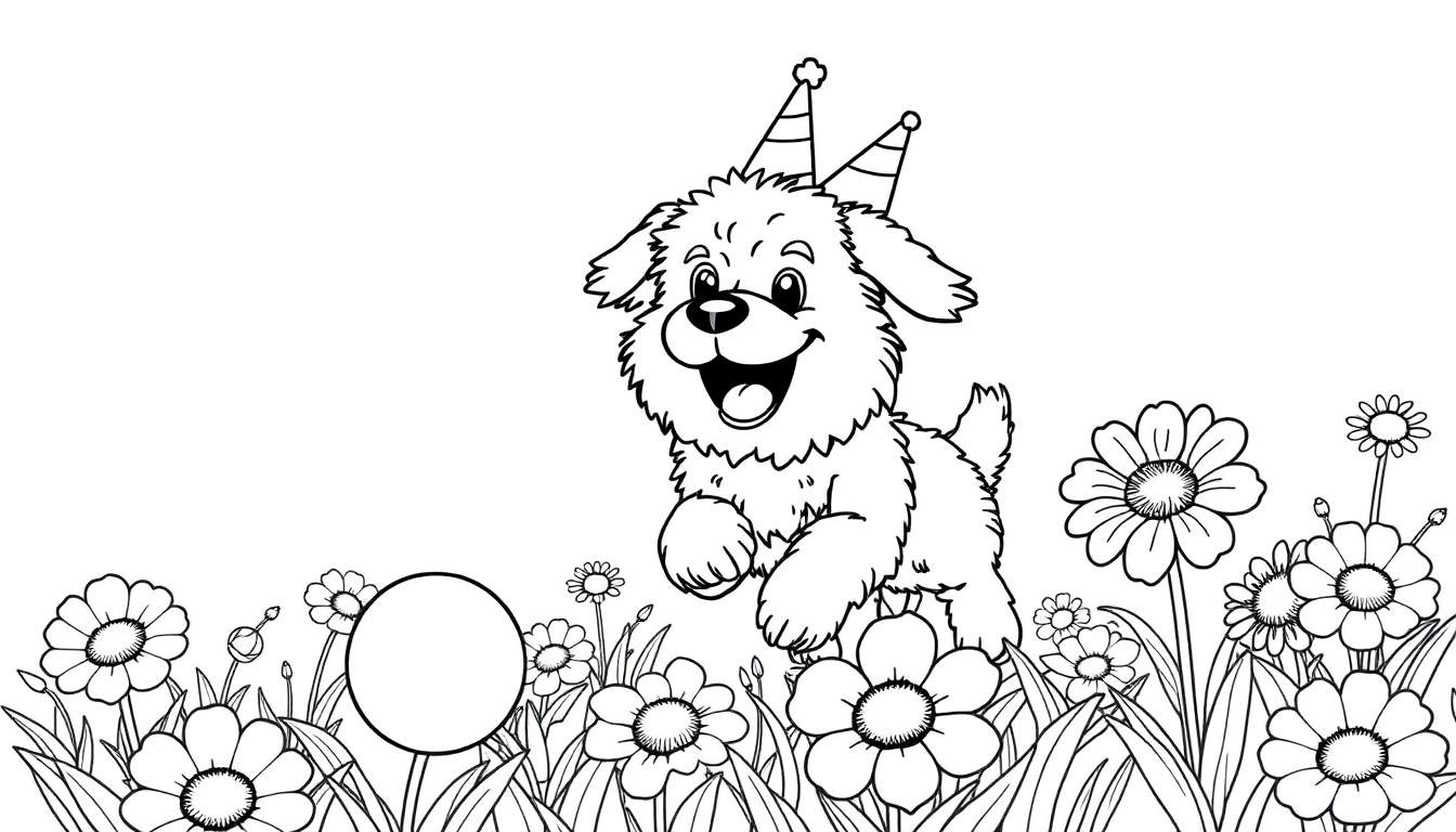 Vrolijke hondje kleurplaat met feestmutsen in bloemenveld
