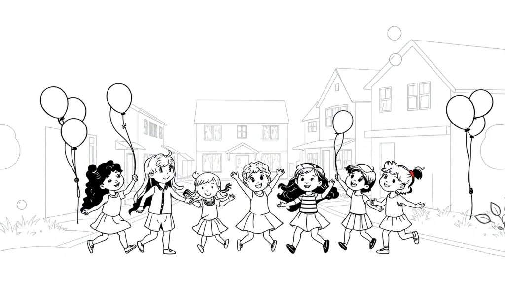 Kleurplaat van vrolijke meisjes die feest vieren in een woonwijk met ballonnen.