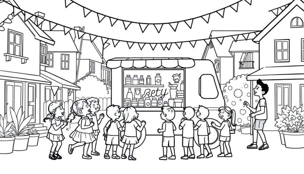 Kleurplaat van een feestelijke straat met kinderen bij een foodtruck.
