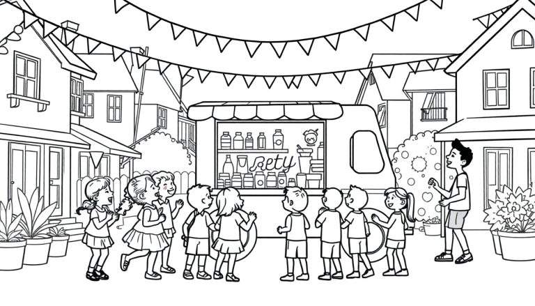 Kleurplaat van een feestelijke straat met kinderen bij een foodtruck.