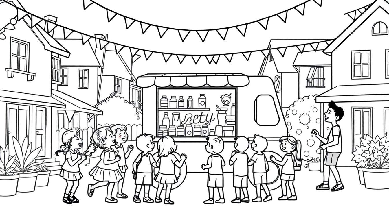 Kleurplaat van een feestelijke straat met kinderen bij een foodtruck.