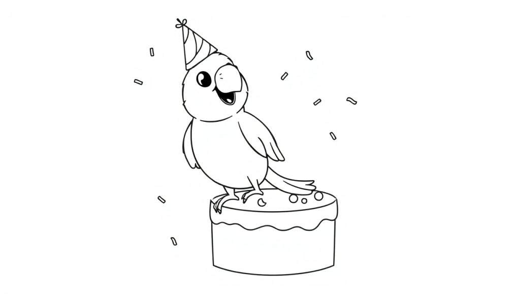 Kleurplaat van een blije papegaai in een verjaardagshoed die op een taart zit met confetti.