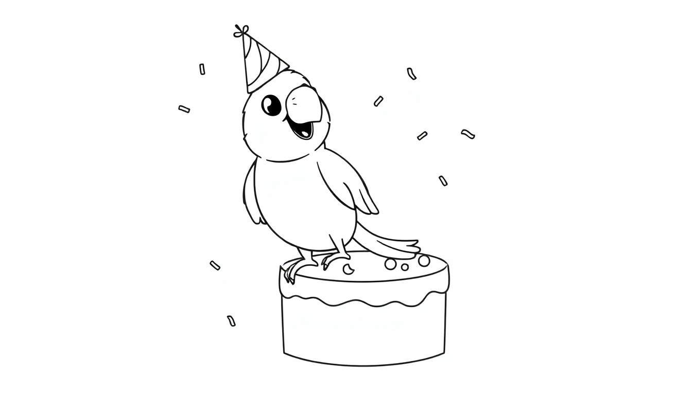 Kleurplaat van een blije papegaai in een verjaardagshoed die op een taart zit met confetti.