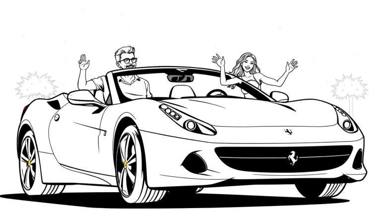 Kleurplaat van een man en vrouw in een Ferrari cabriolet met palmbomen.