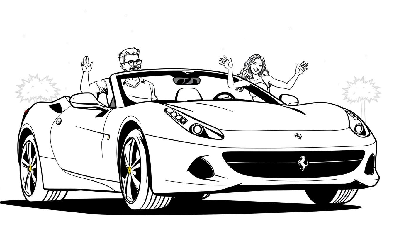 Kleurplaat van een man en vrouw in een Ferrari cabriolet met palmbomen.