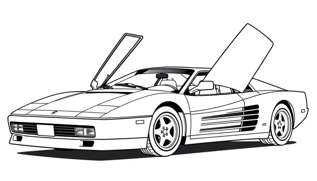 Zwart-wit kleurplaat van een Ferrari Testarossa met open deuren.
