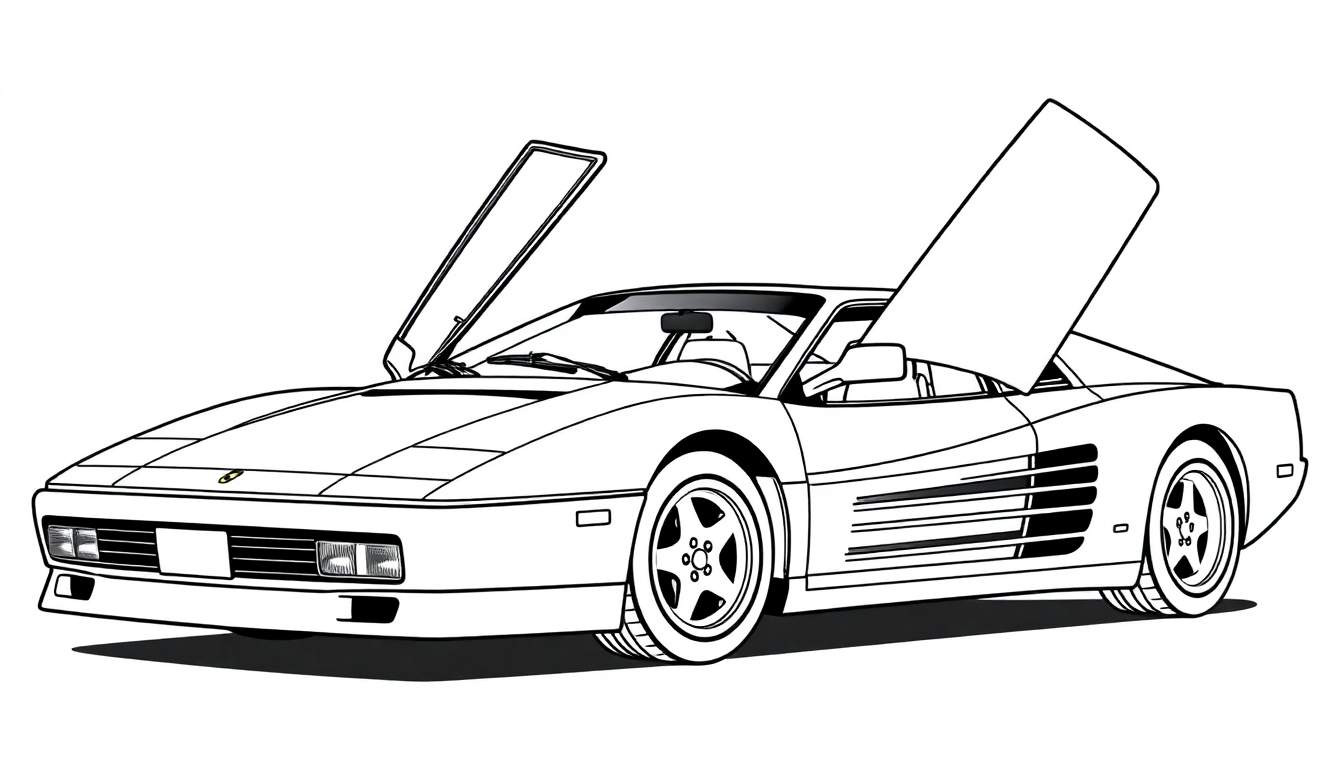 Zwart-wit kleurplaat van een Ferrari Testarossa met open deuren.