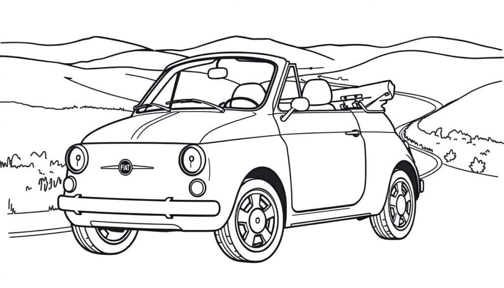 Kleurplaat van een Fiat 500 cabriolet op een bergweg.