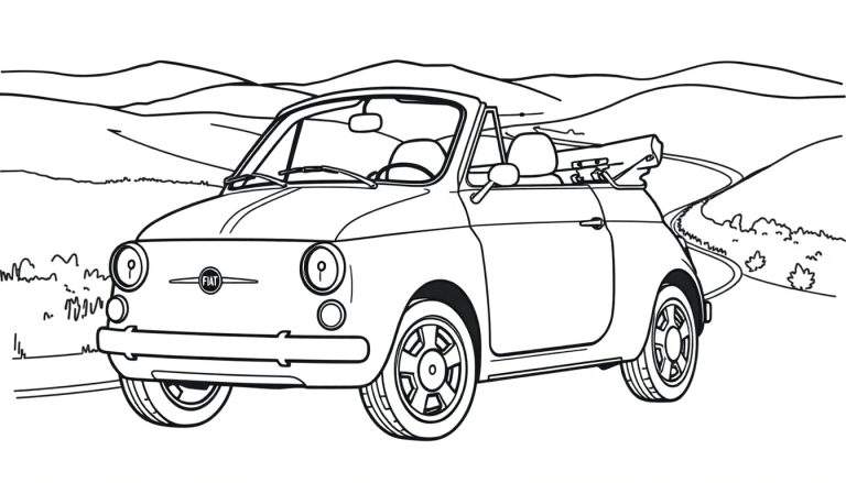 Kleurplaat van een Fiat 500 cabriolet op een bergweg.