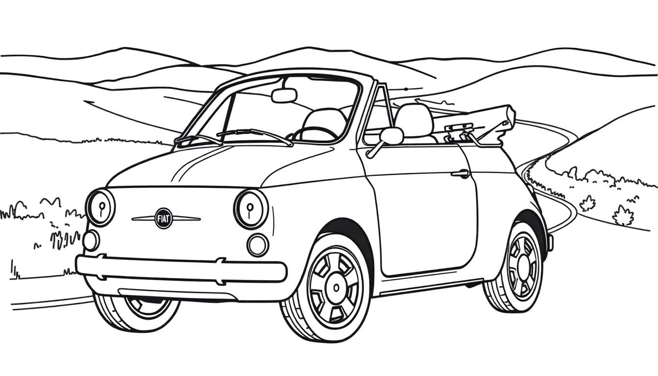 Kleurplaat van een Fiat 500 cabriolet op een bergweg.