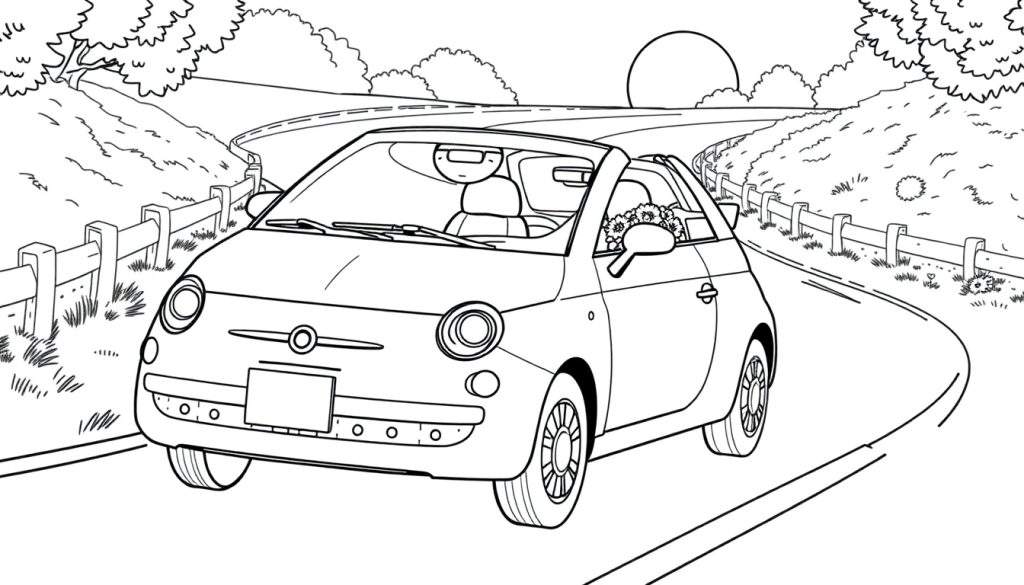 Zwart-wit kleurplaat van een Fiat 500 cabriolet op een bochtige weg met bloemen.