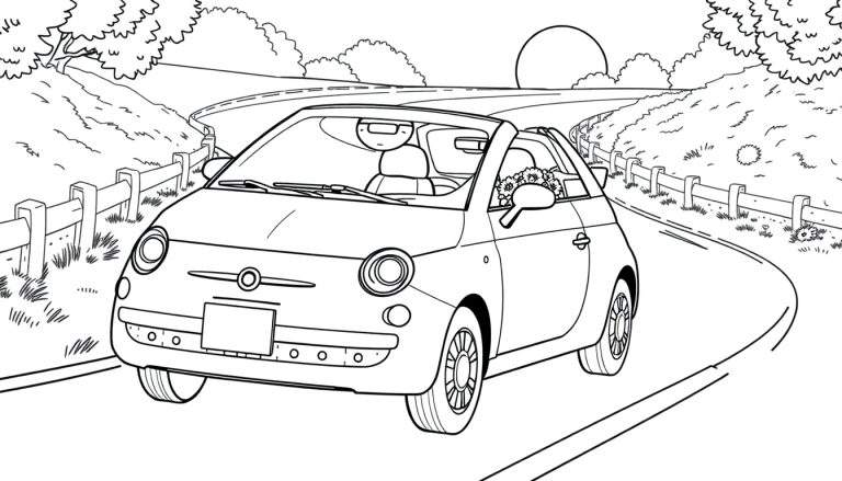 Zwart-wit kleurplaat van een Fiat 500 cabriolet op een bochtige weg met bloemen.