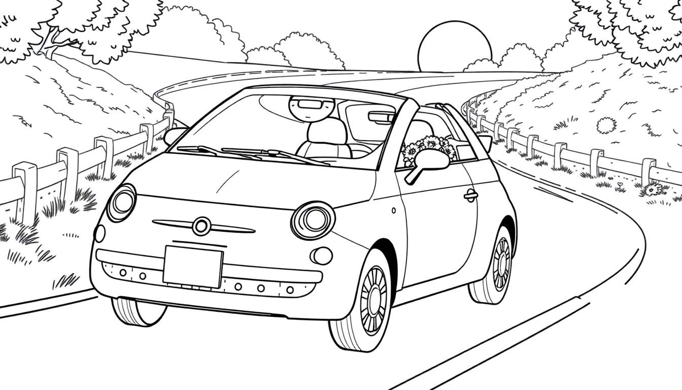 Zwart-wit kleurplaat van een Fiat 500 cabriolet op een bochtige weg met bloemen.