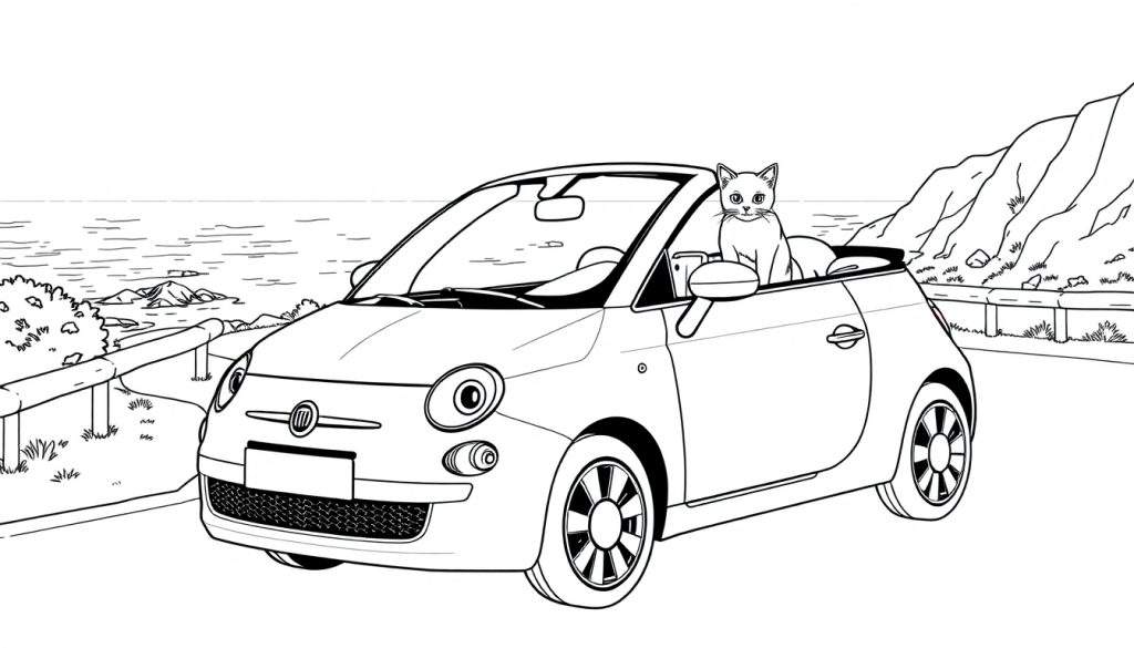 Zwart-wit kleurplaat van een Fiat 500 cabriolet met een kat op de passagiersstoel aan de kust.