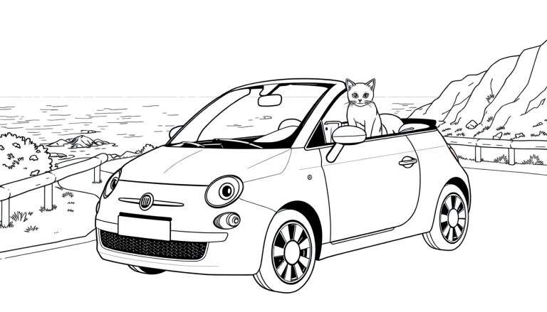Zwart-wit kleurplaat van een Fiat 500 cabriolet met een kat op de passagiersstoel aan de kust.