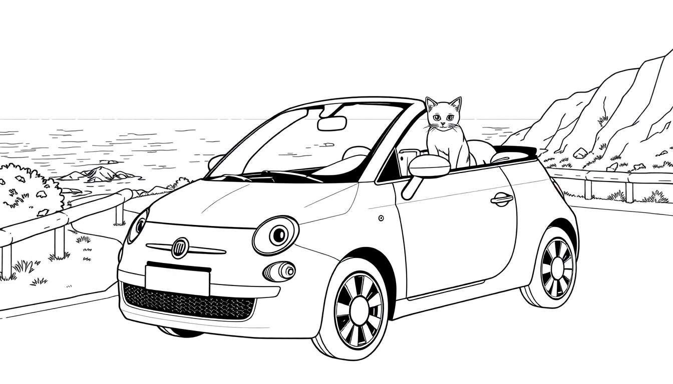 Zwart-wit kleurplaat van een Fiat 500 cabriolet met een kat op de passagiersstoel aan de kust.