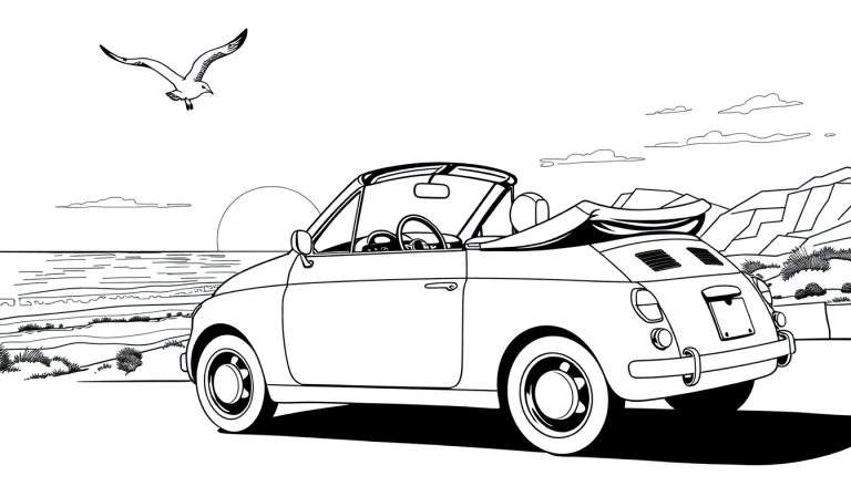 Zwart-wit kleurplaat van een klassieke Fiat cabriolet op een strand bij zonsopgang.