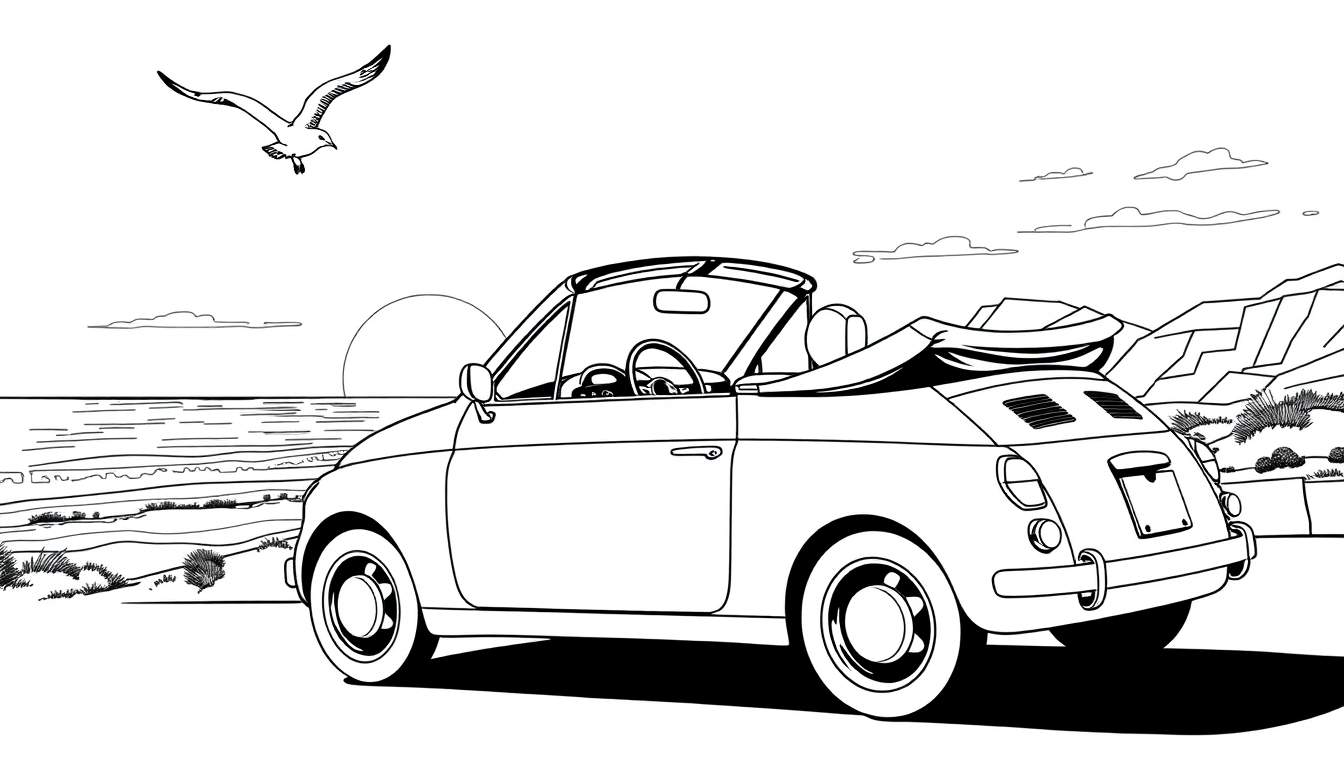 Zwart-wit kleurplaat van een klassieke Fiat cabriolet op een strand bij zonsopgang.