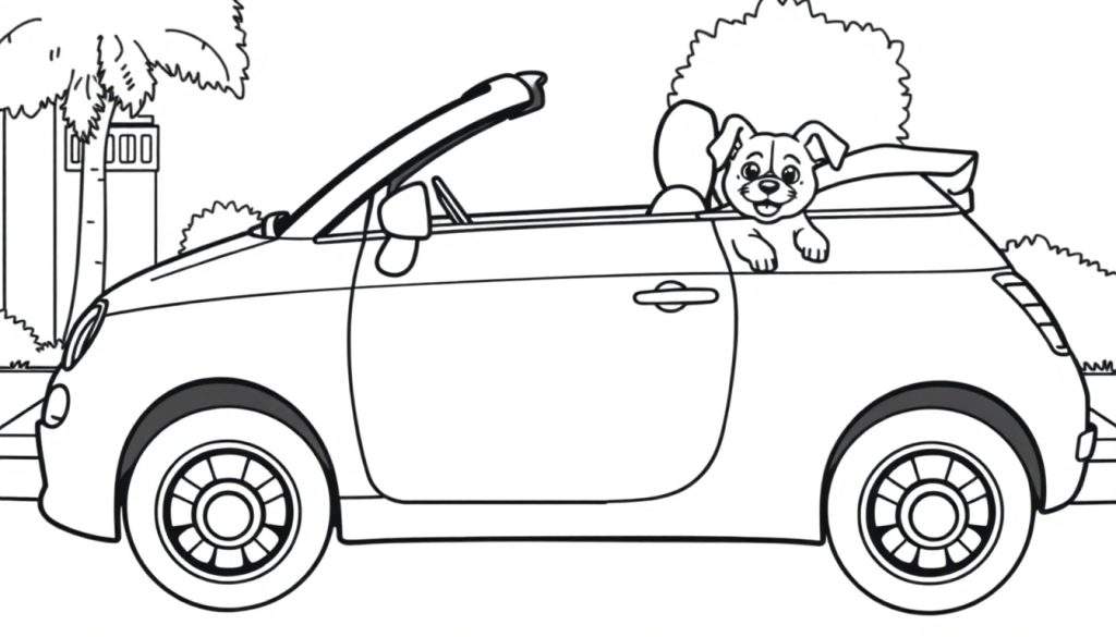 Kleurplaat van een Fiat cabriolet met een blije hond.