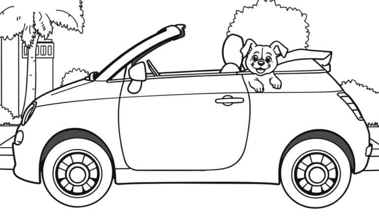 Kleurplaat van een Fiat cabriolet met een blije hond.