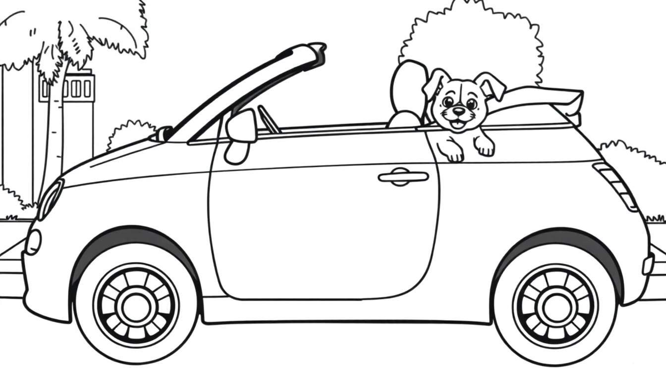 Kleurplaat van een Fiat cabriolet met een blije hond.