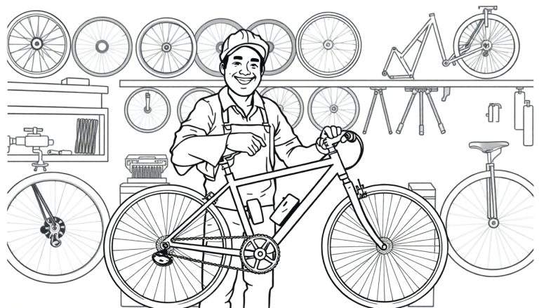Kleurplaat van een vrolijke fietsenmaker in zijn werkplaats.