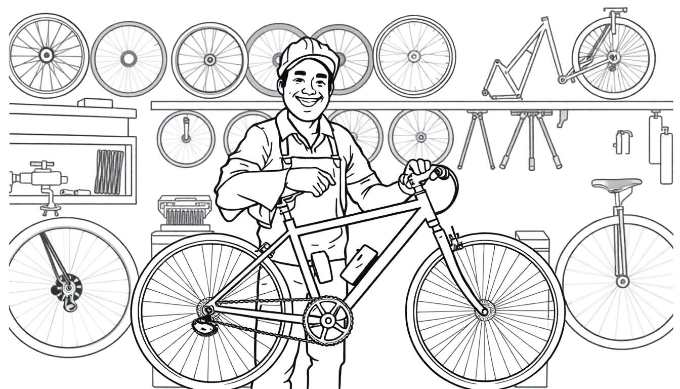 Kleurplaat van een vrolijke fietsenmaker in zijn werkplaats.