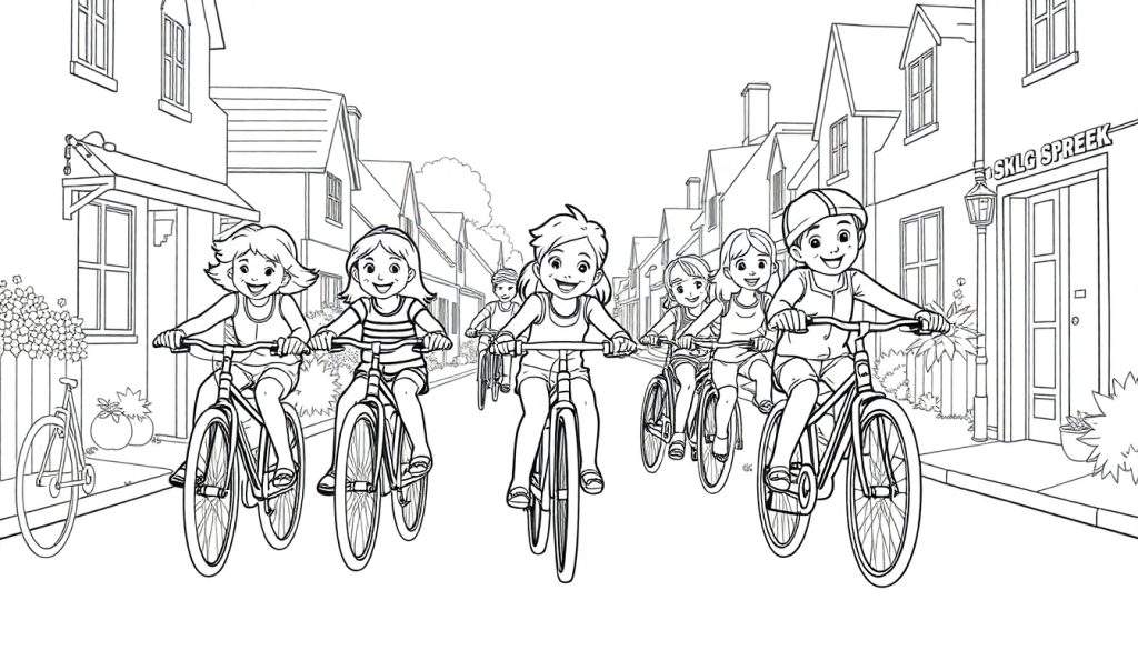 Kleurplaat van kinderen die fietsen in een rij voor huizen.