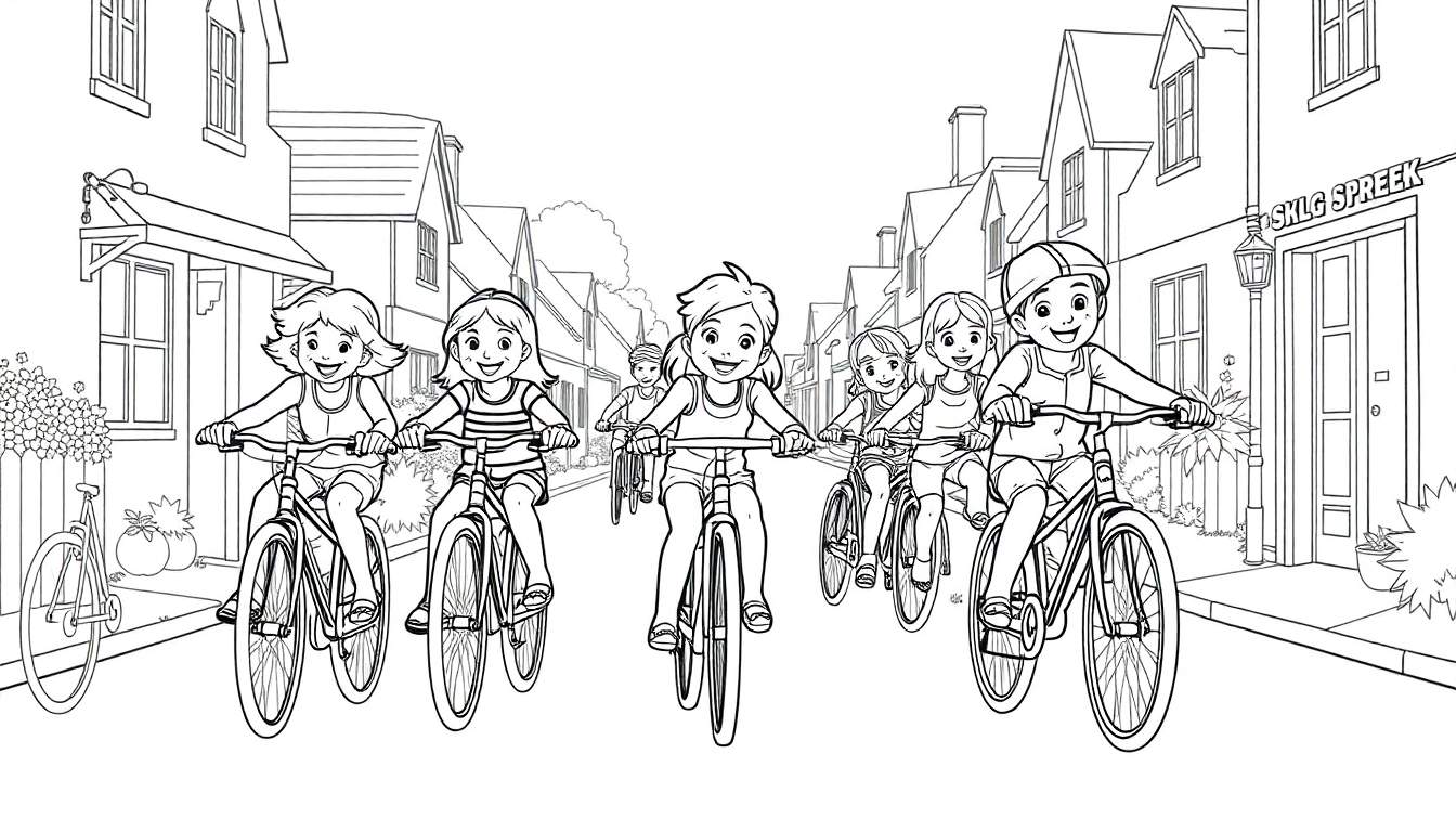 Kleurplaat van kinderen die fietsen in een rij voor huizen.