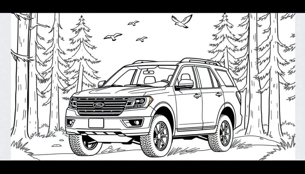 Kleurplaat van een Ford Expedition in een bos