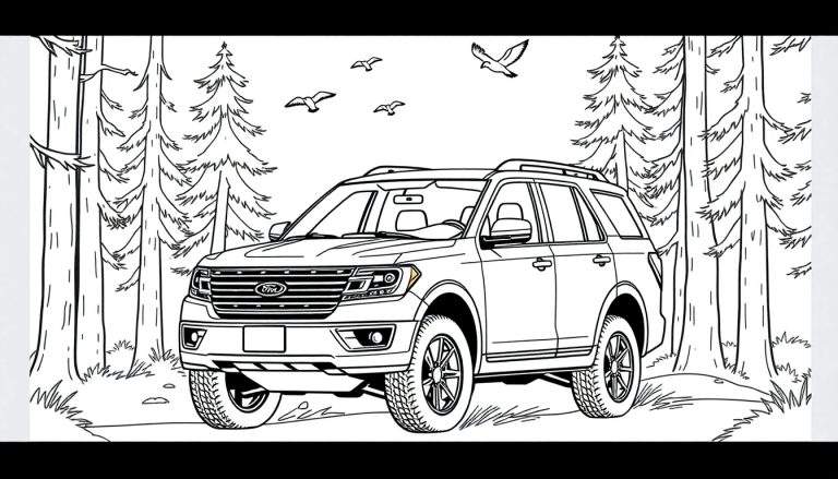 Kleurplaat van een Ford Expedition in een bos