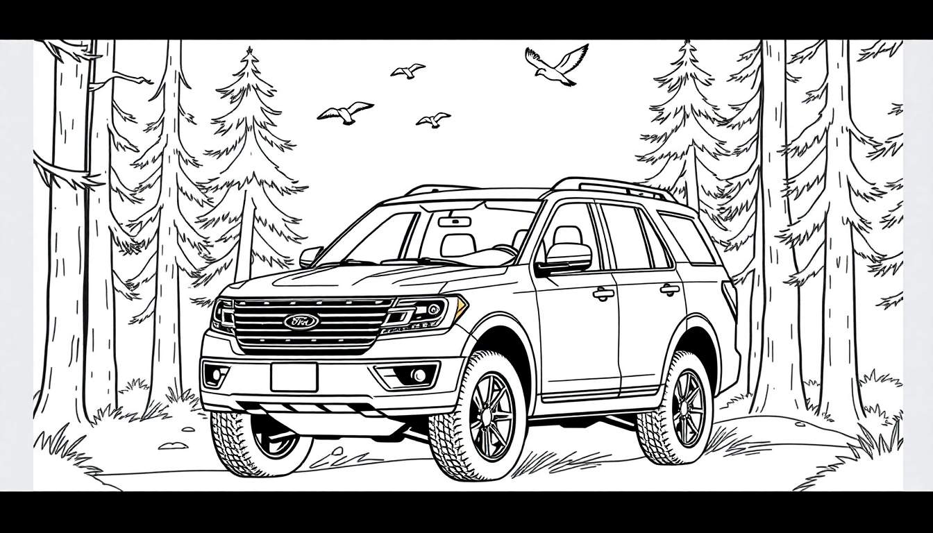 Kleurplaat van een Ford Expedition in een bos