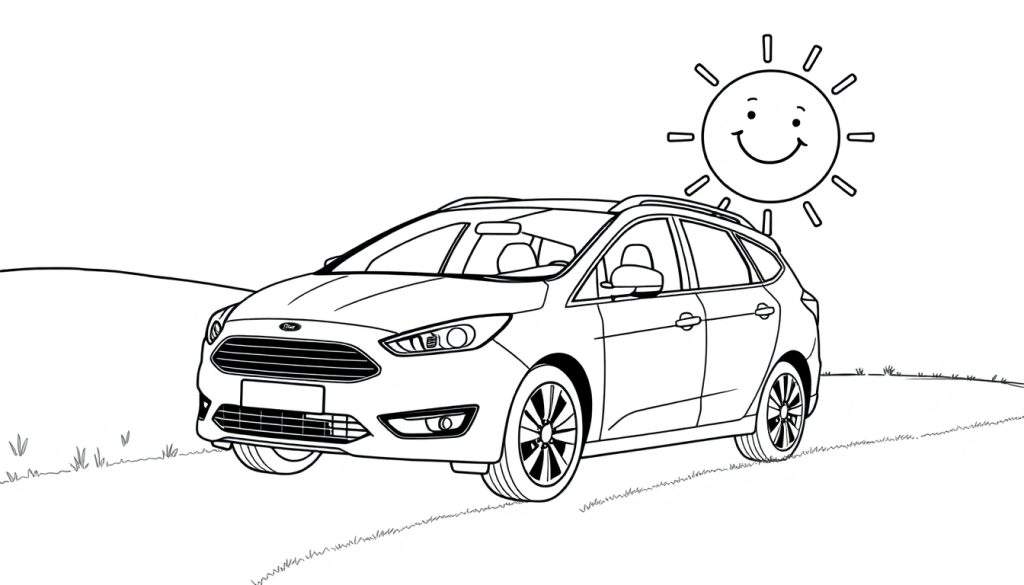 Zwart-wit kleurplaat van een Ford Focus stationwagen op een landweggetje met een heuvel en zon.