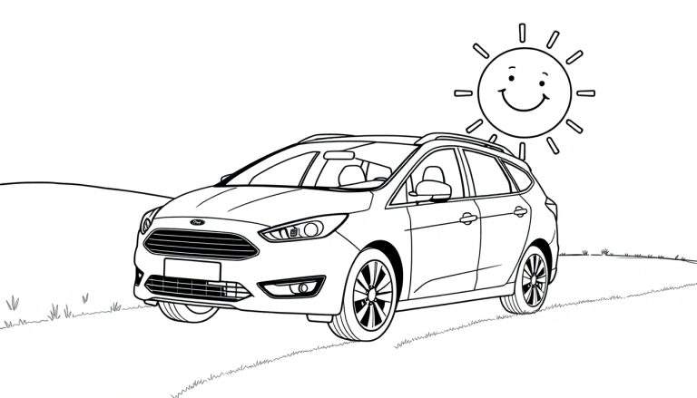 Zwart-wit kleurplaat van een Ford Focus stationwagen op een landweggetje met een heuvel en zon.