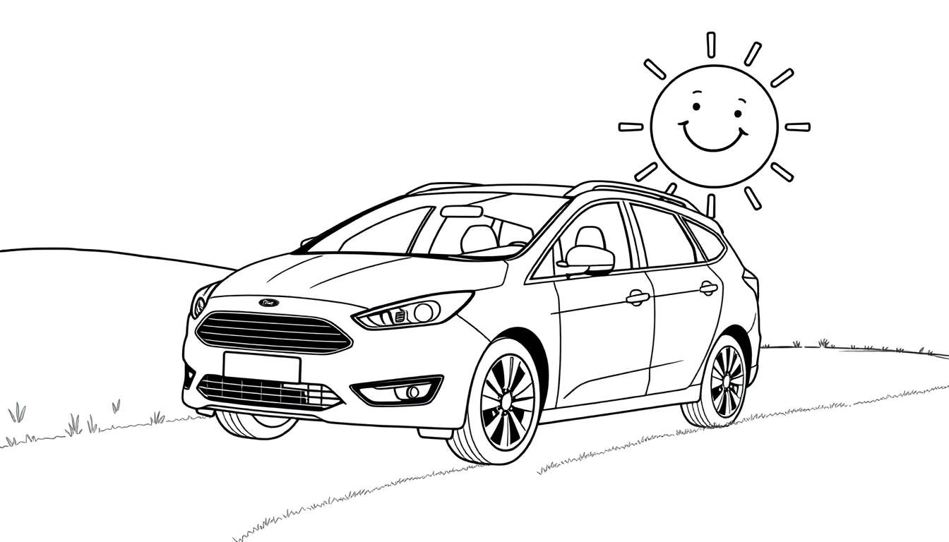 Zwart-wit kleurplaat van een Ford Focus stationwagen op een landweggetje met een heuvel en zon.