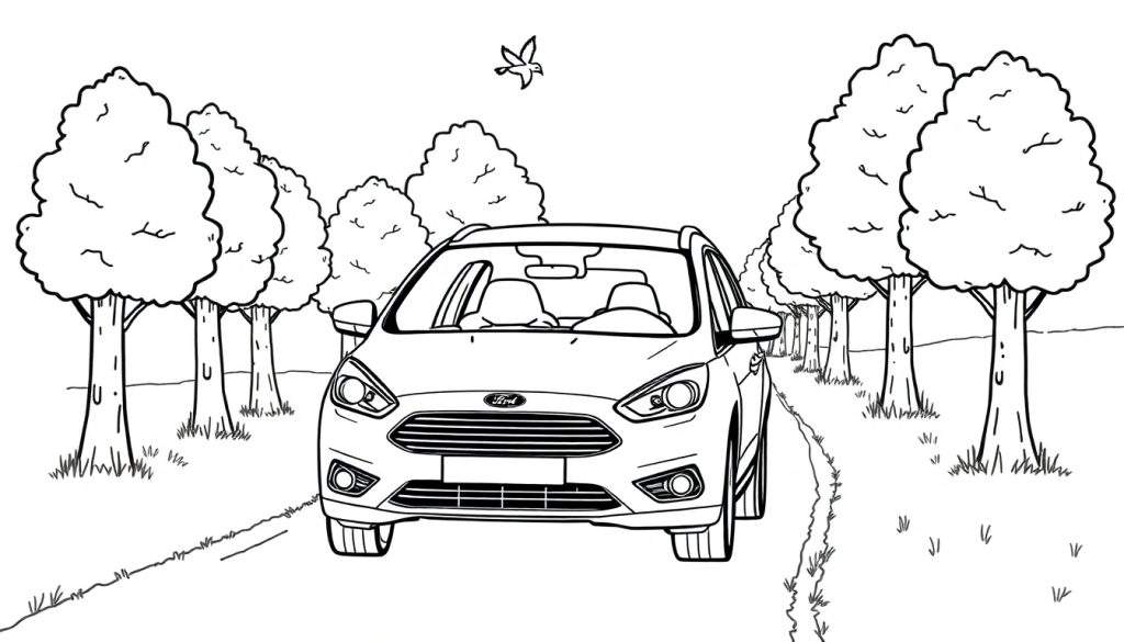 Kleurplaat van een Ford Focus Wagon op een weg met bomen en een vogel.