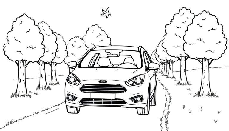 Kleurplaat van een Ford Focus Wagon op een weg met bomen en een vogel.