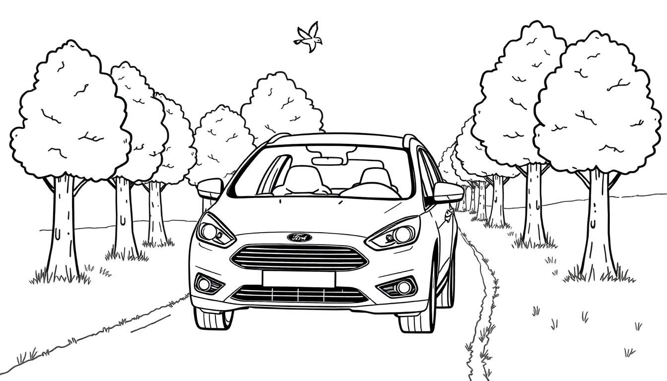 Kleurplaat van een Ford Focus Wagon op een weg met bomen en een vogel.