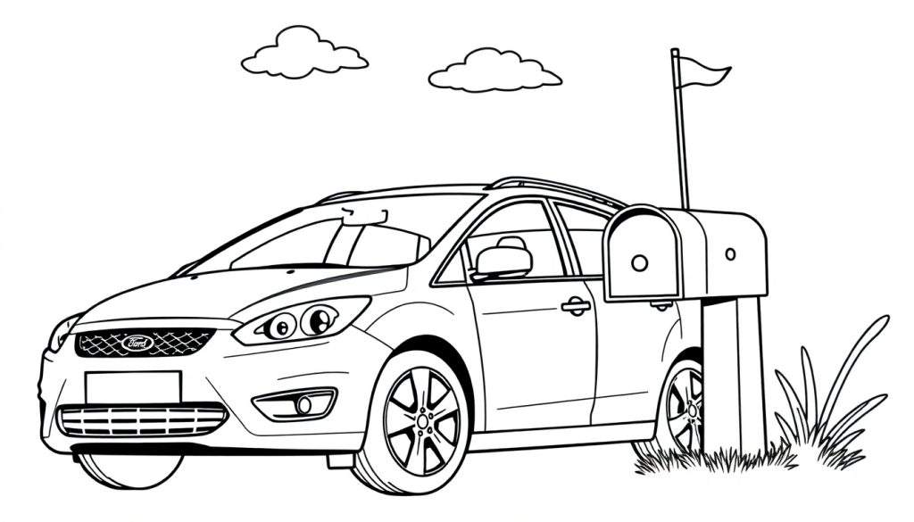 Kleurplaat van een Ford Focus Wagon naast een brievenbus.