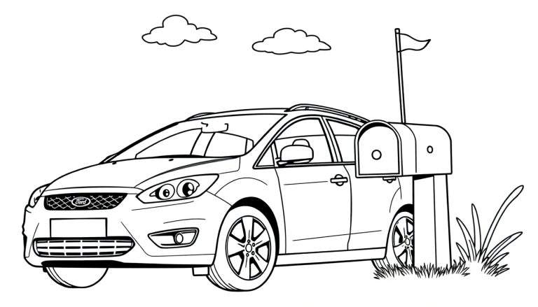 Kleurplaat van een Ford Focus Wagon naast een brievenbus.