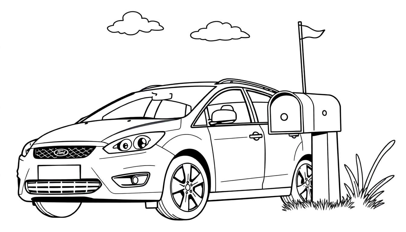 Kleurplaat van een Ford Focus Wagon naast een brievenbus.